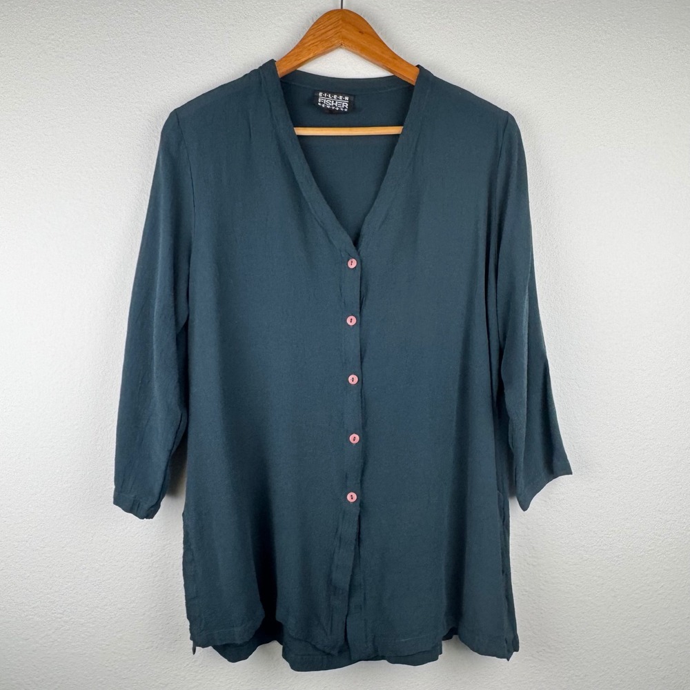 Eileen Fisher Tunic Women 2 Green Excellent Rayon V-Neck Minimalist Chic